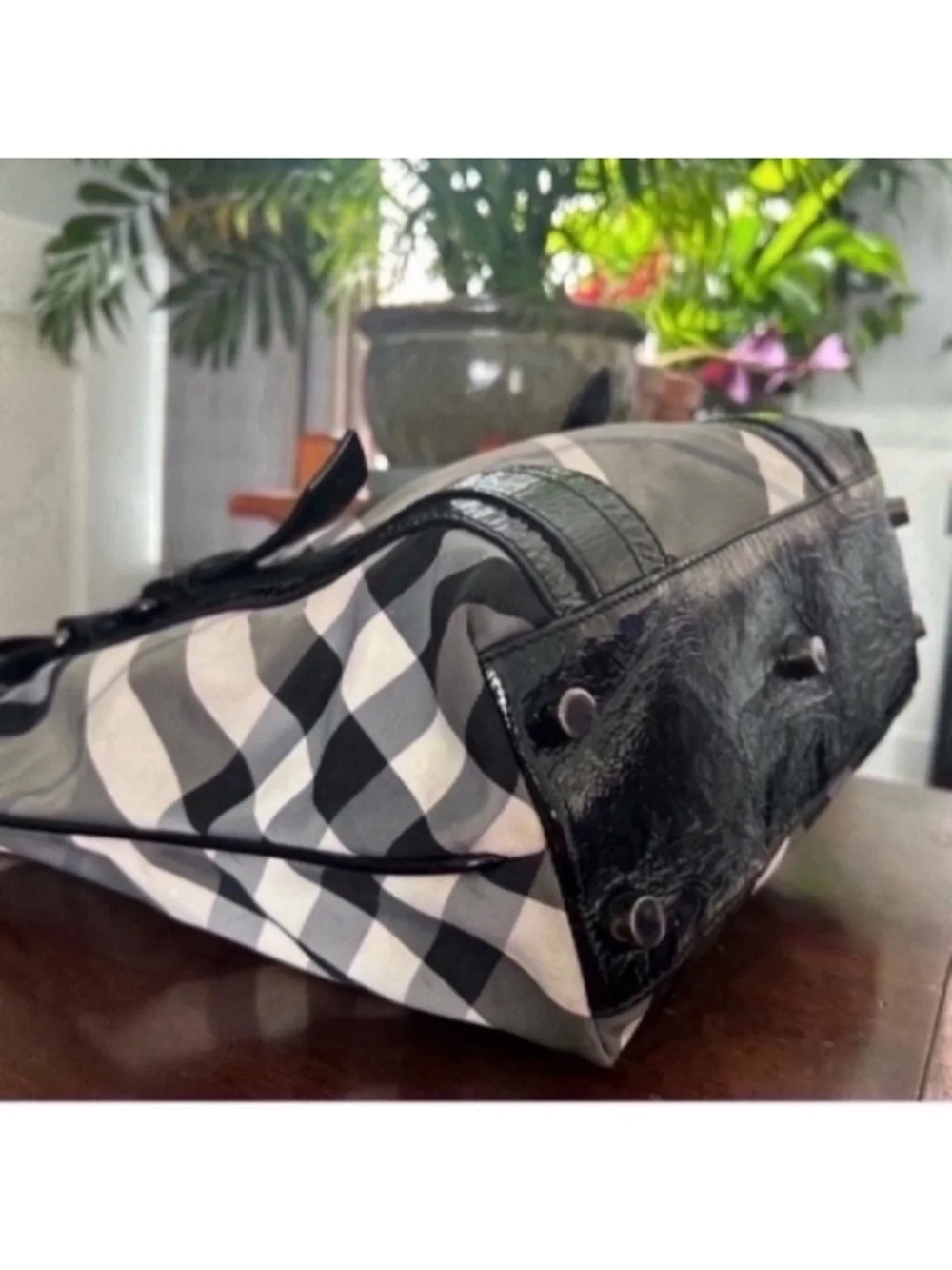 Burberry Black and Gray Plaid Messenger Tote with Patent Trim - Picture 10 of 13